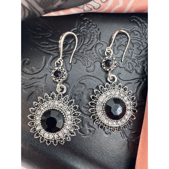 2/$24 Black Crystal Sunflower Dangle Earrings With Silver-Tone Detailing For Wom - Picture 3 of 8